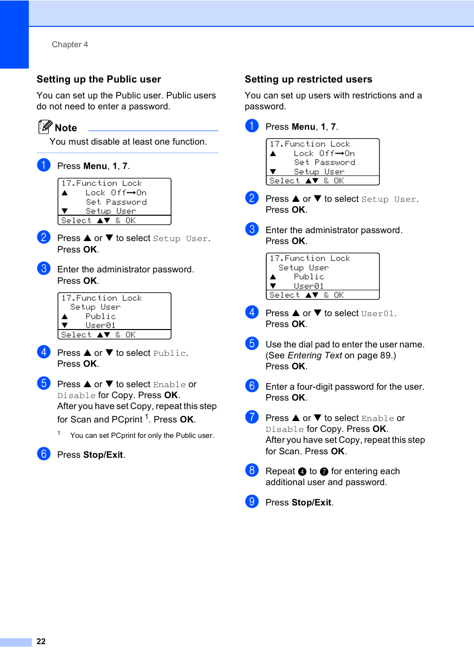 Setting up the public user, Setting up restricted users | Brother DCP 8060 User Manual | Page 34 / 116