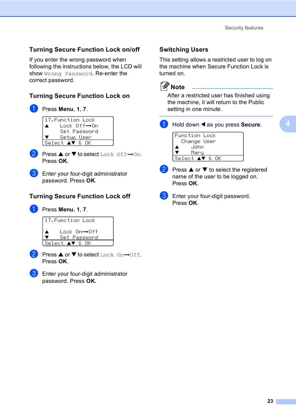 Turning secure function lock on/off, Turning secure function lock on, Turning secure function lock off | Switching users | Brother DCP 8060 User Manual | Page 35 / 116