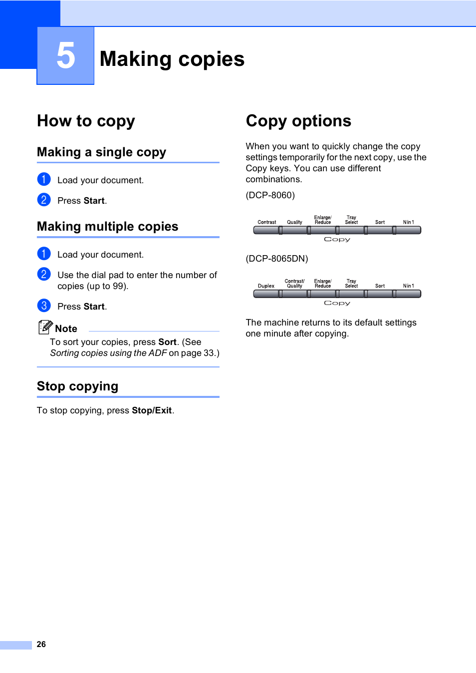 5 making copies, How to copy, Making a single copy | Making multiple copies, Stop copying, Copy options, Making copies | Brother DCP 8060 User Manual | Page 38 / 116