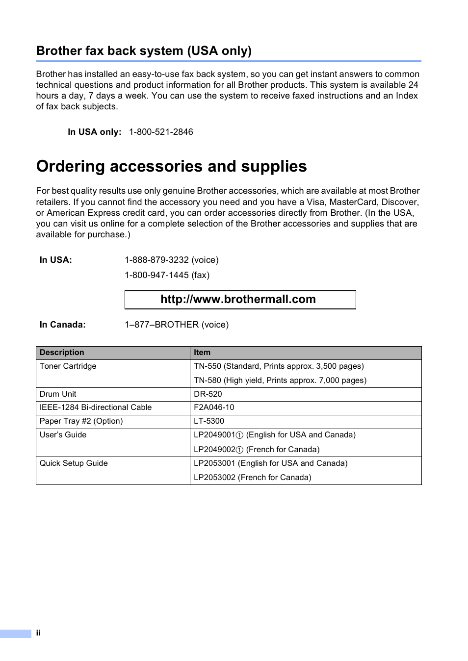 Brother fax back system (usa only), Ordering accessories and supplies | Brother DCP 8060 User Manual | Page 4 / 116