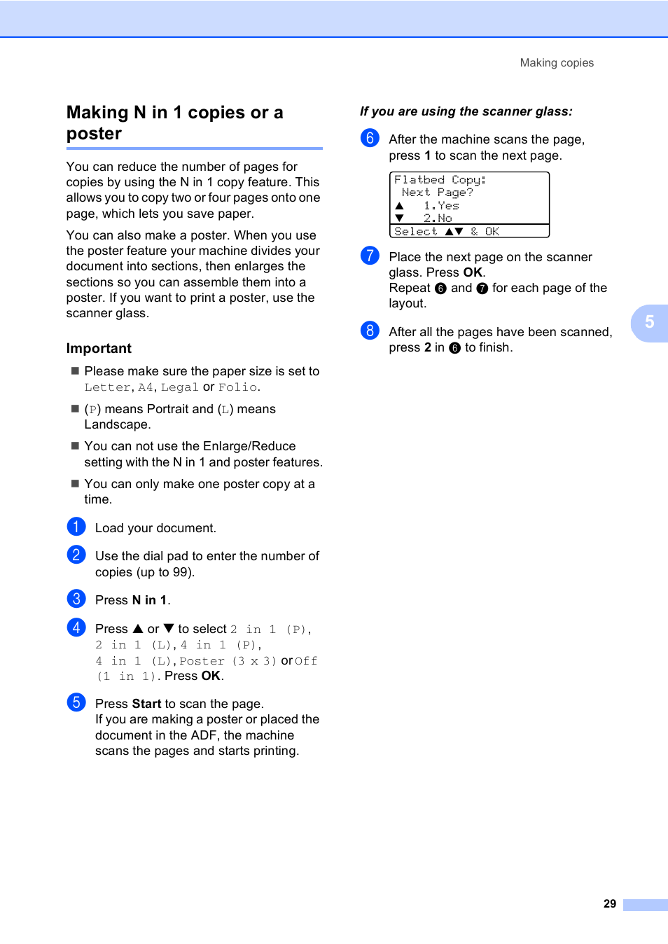 Making n in 1 copies or a poster, Important, 5making n in 1 copies or a poster | Brother DCP 8060 User Manual | Page 41 / 116