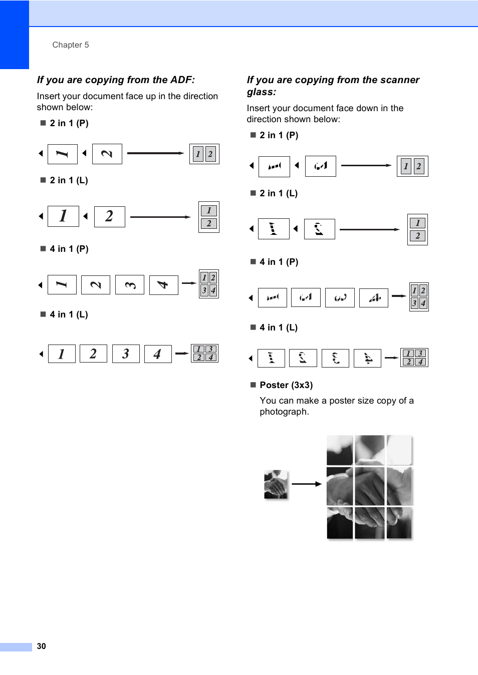If you are copying from the adf, If you are copying from the scanner glass, 2 in 1 (l) | 4 in 1 (p), 4 in 1 (l) | Brother DCP 8060 User Manual | Page 42 / 116