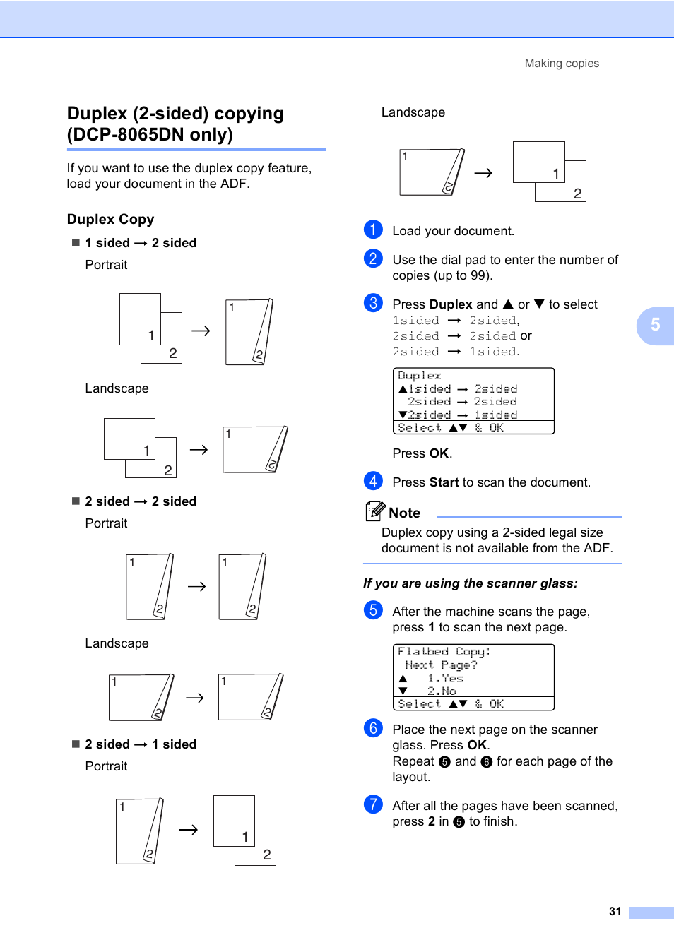 Duplex (2-sided) copying (dcp-8065dn only), Duplex copy | Brother DCP 8060 User Manual | Page 43 / 116