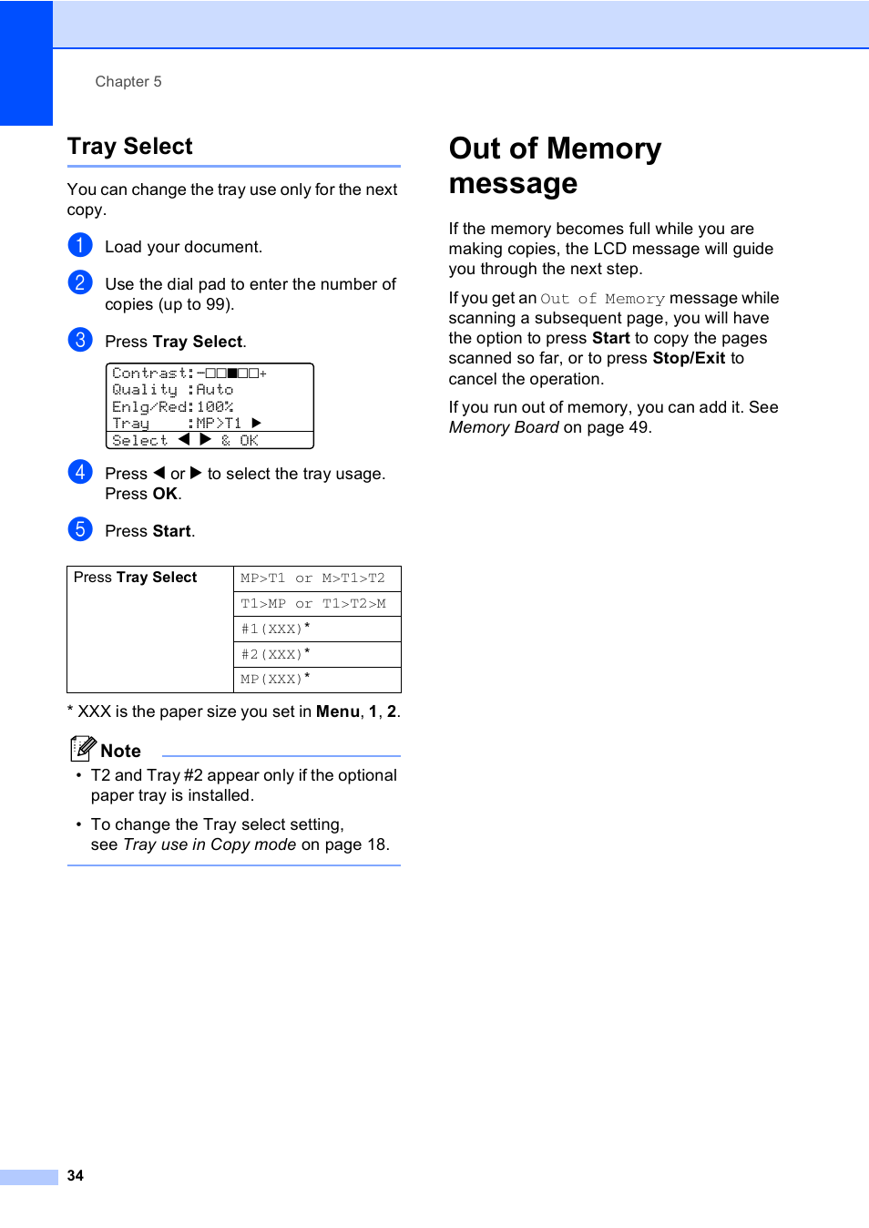 Tray select, Out of memory message | Brother DCP 8060 User Manual | Page 46 / 116