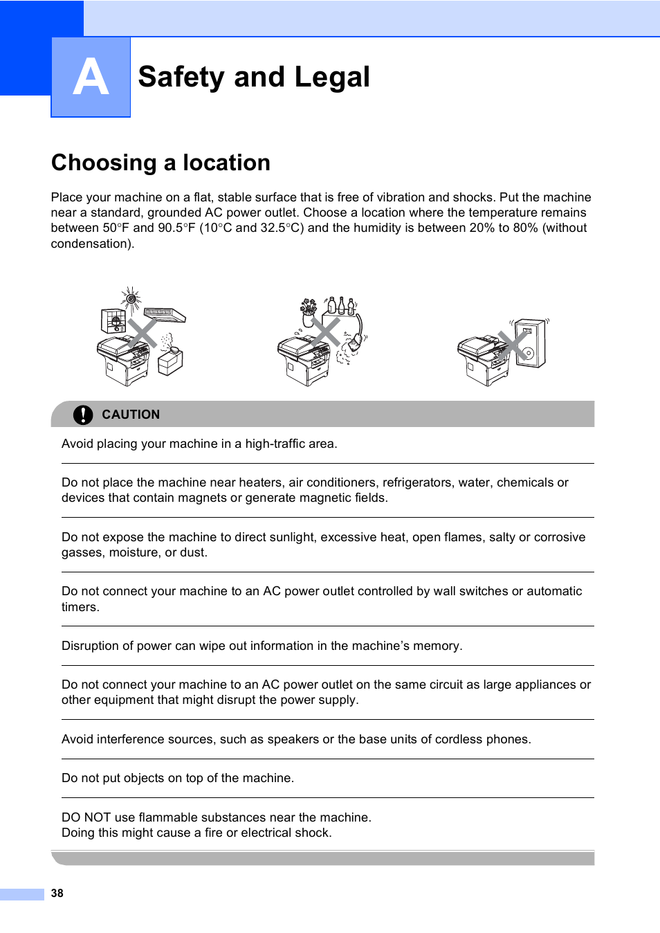 A safety and legal, Choosing a location, Safety and legal | Avoid placing your machine in a high-traffic area, Do not put objects on top of the machine | Brother DCP 8060 User Manual | Page 50 / 116