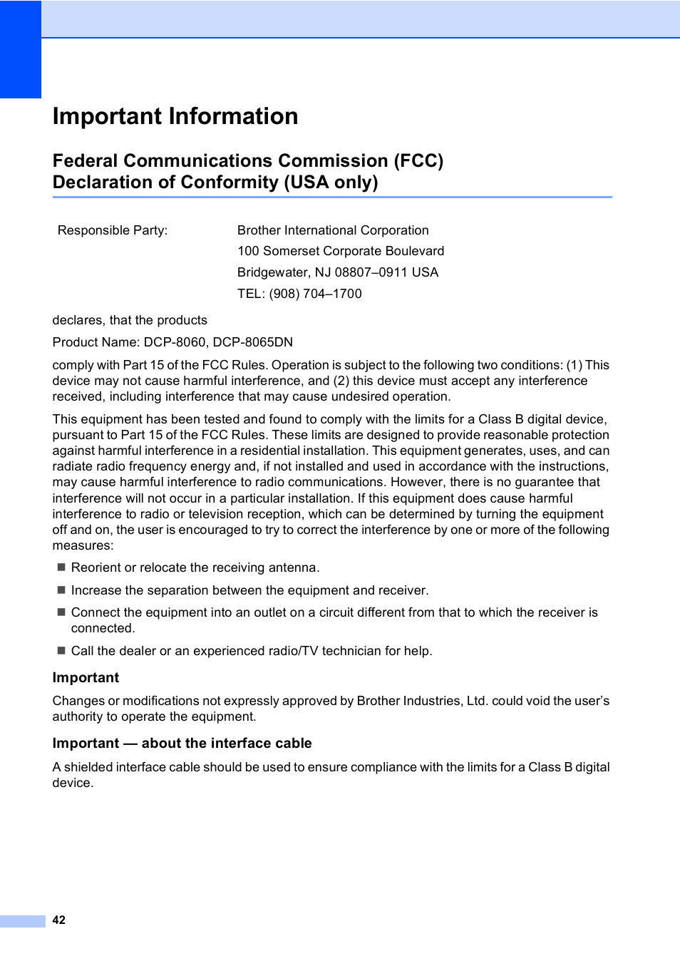Important information, Important, Important - about the interface cable | Federal communications commission (fcc), Declaration of conformity (usa only) | Brother DCP 8060 User Manual | Page 54 / 116