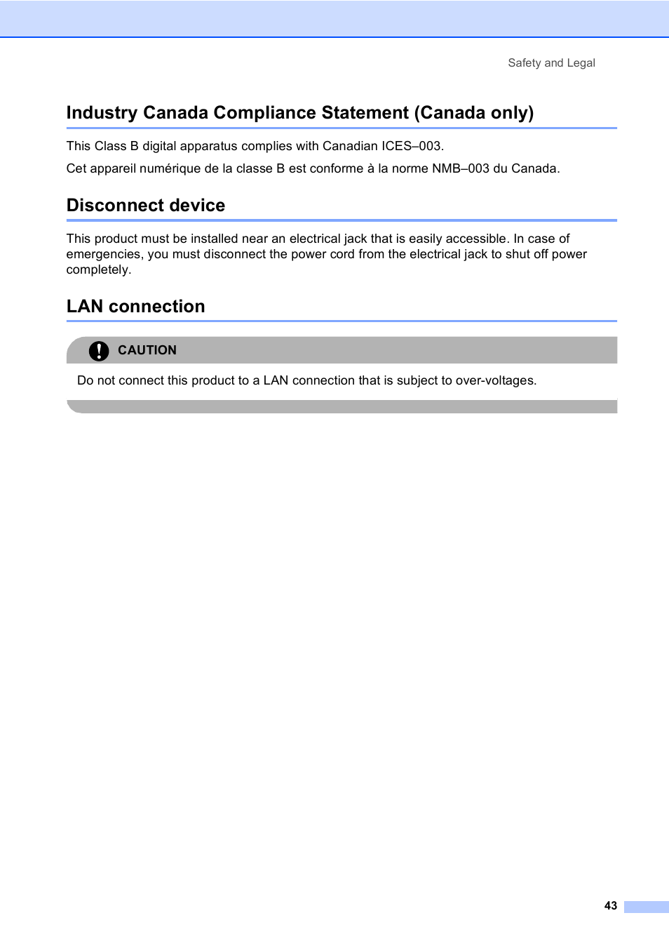 Industry canada compliance statement (canada only), Disconnect device, Lan connection | Caution | Brother DCP 8060 User Manual | Page 55 / 116