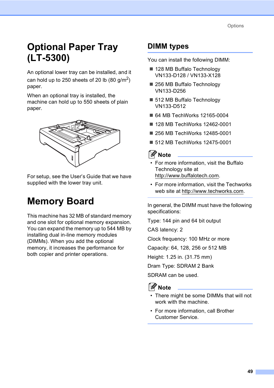 Optional paper tray (lt-5300), Memory board, Dimm types | Optional paper tray (lt-5300) memory board | Brother DCP 8060 User Manual | Page 61 / 116