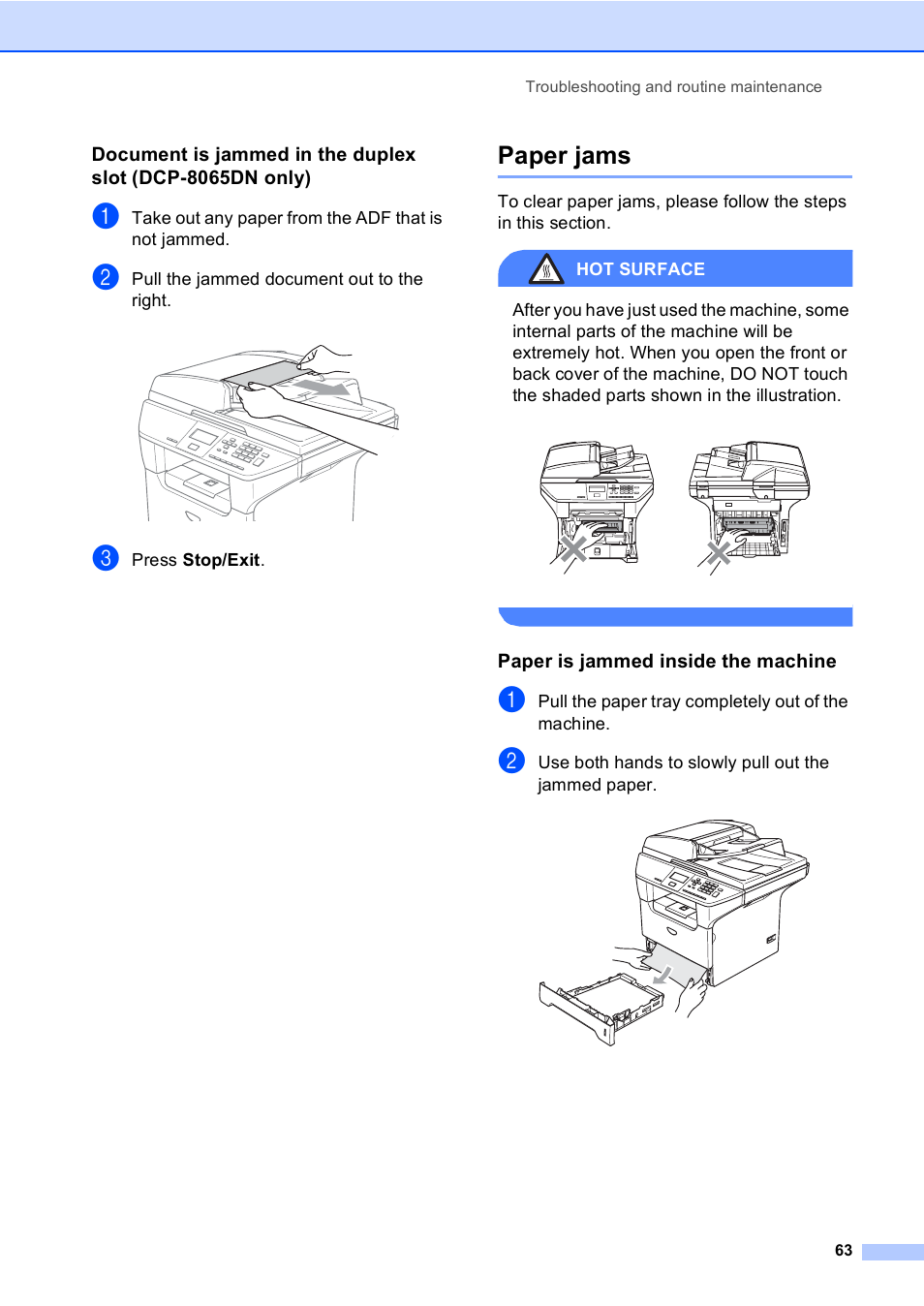 Paper jams, Paper is jammed inside the machine | Brother DCP 8060 User Manual | Page 75 / 116