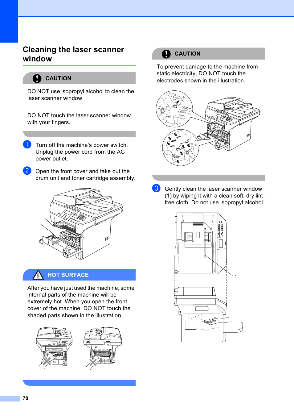 Cleaning the laser scanner window, Cleaning the laser, Scanner window | Caution, Hot surface | Brother DCP 8060 User Manual | Page 82 / 116