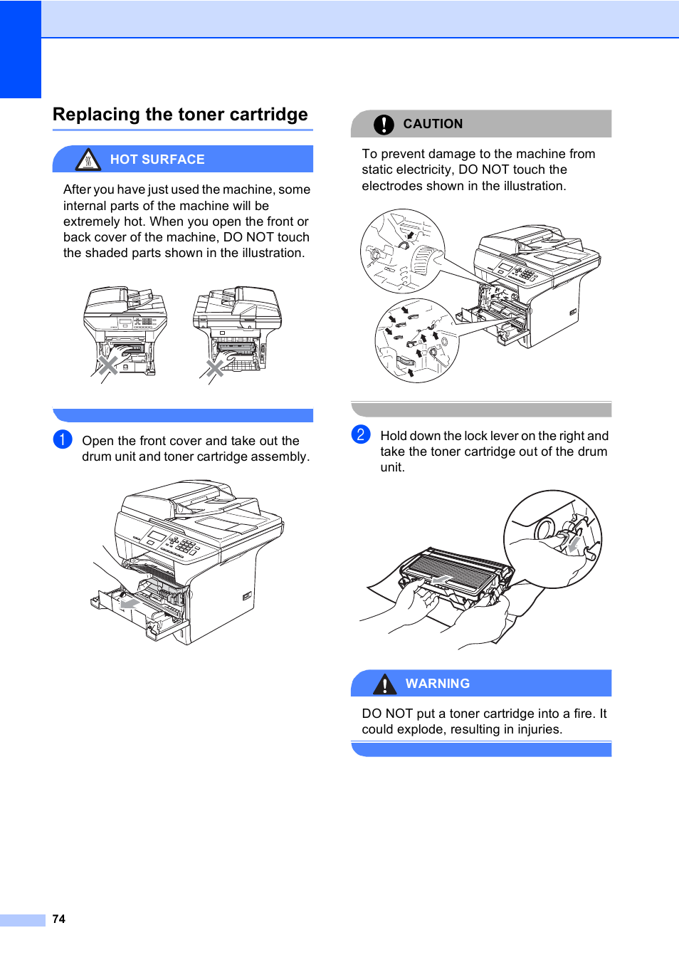 Replacing the toner cartridge, Hot surface, Caution | Warning | Brother DCP 8060 User Manual | Page 86 / 116