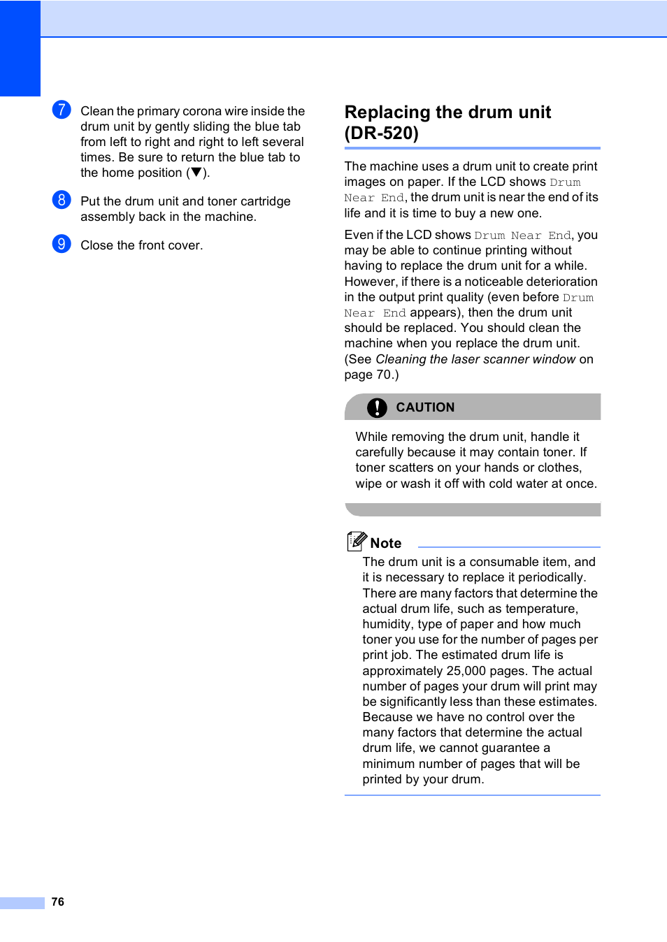 Replacing the drum unit (dr-520), Replacing the drum unit, Dr-520) | Replacing the, Drum unit (dr-520) | Brother DCP 8060 User Manual | Page 88 / 116