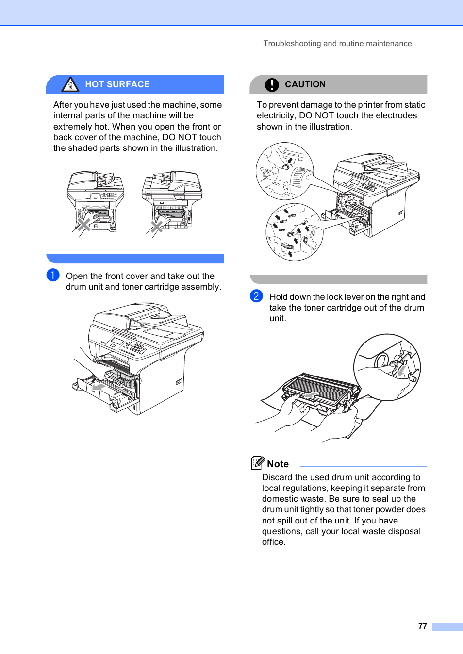 Hot surface, Caution, Troubleshooting and routine maintenance 77 | Brother DCP 8060 User Manual | Page 89 / 116