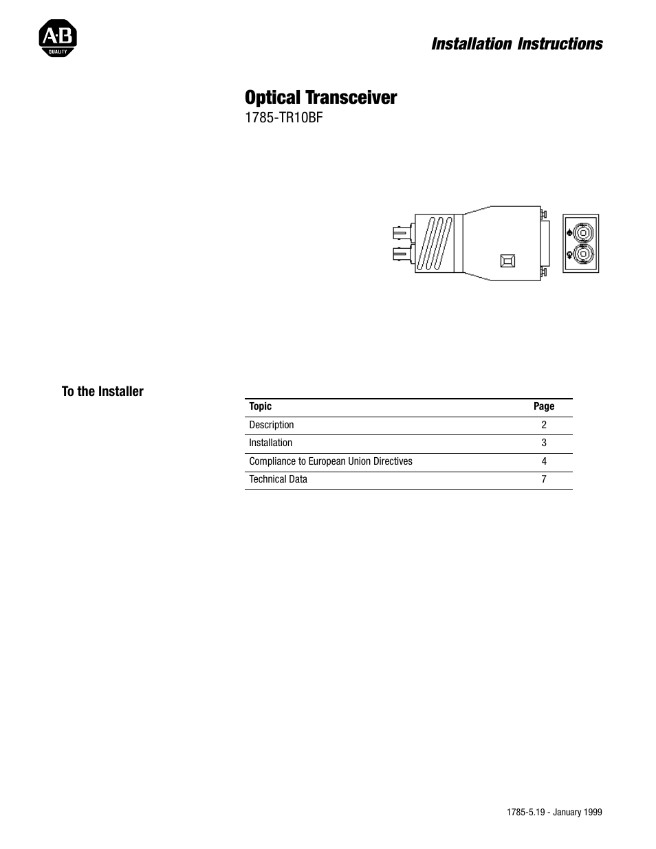 Rockwell Automation 1785-TR10BF Optical Transceiver Installation Instructions User Manual | 8 pages