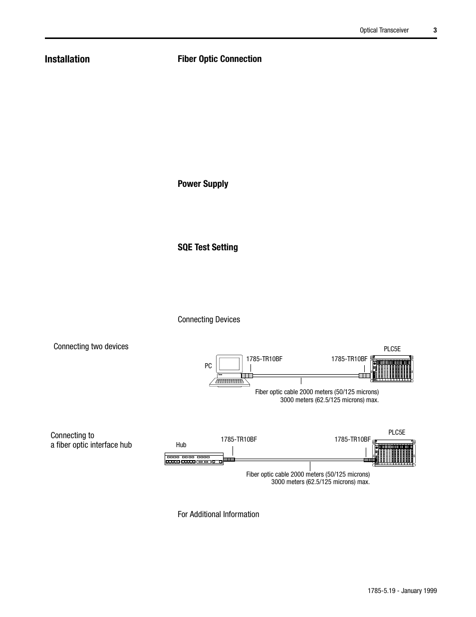 Installation, Fiber optic connection, Power supply | Sqe test setting, Connecting devices, For additional information | Rockwell Automation 1785-TR10BF Optical Transceiver Installation Instructions User Manual | Page 3 / 8
