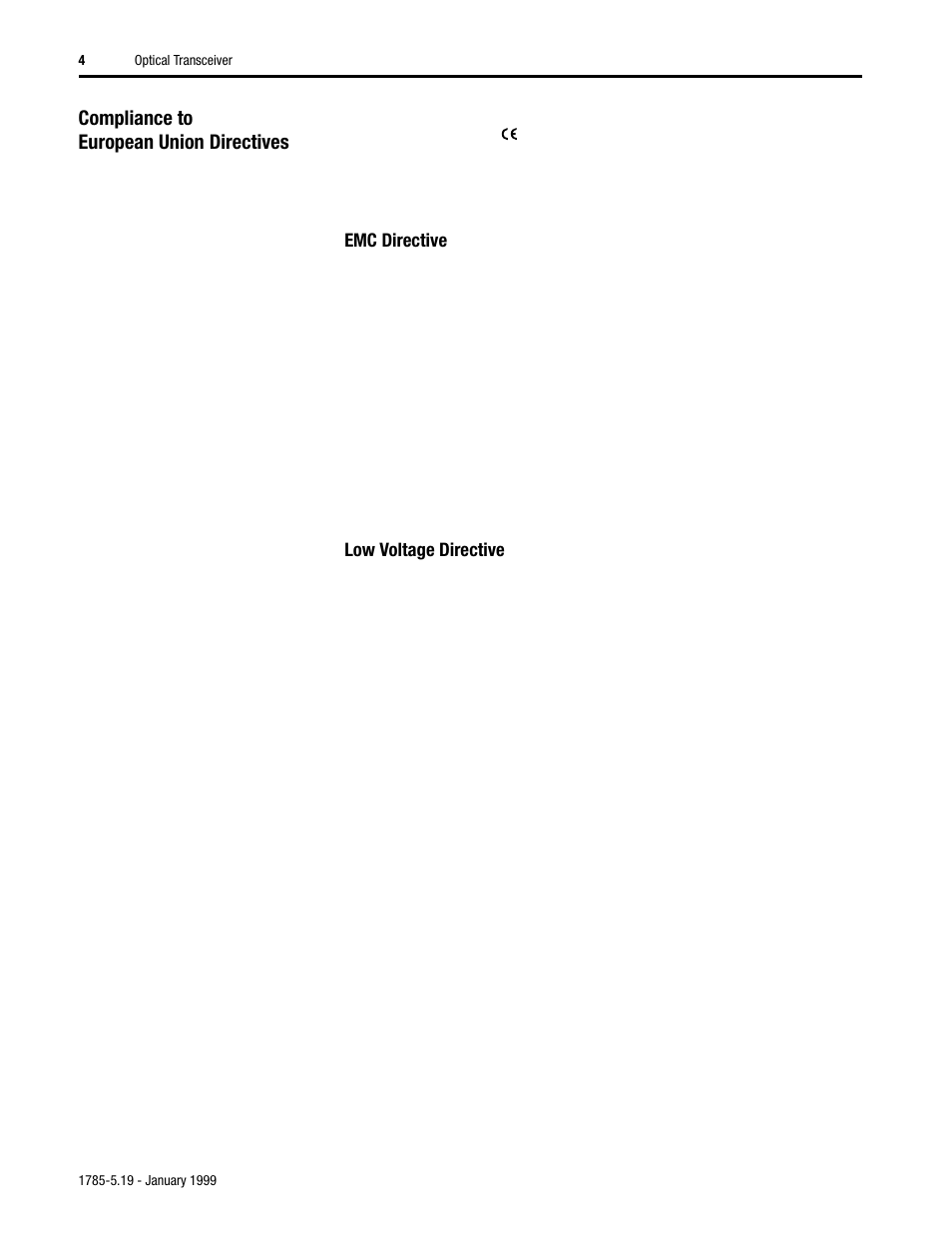 Compliance to european union directives, Emc directive, Low voltage directive | Rockwell Automation 1785-TR10BF Optical Transceiver Installation Instructions User Manual | Page 4 / 8