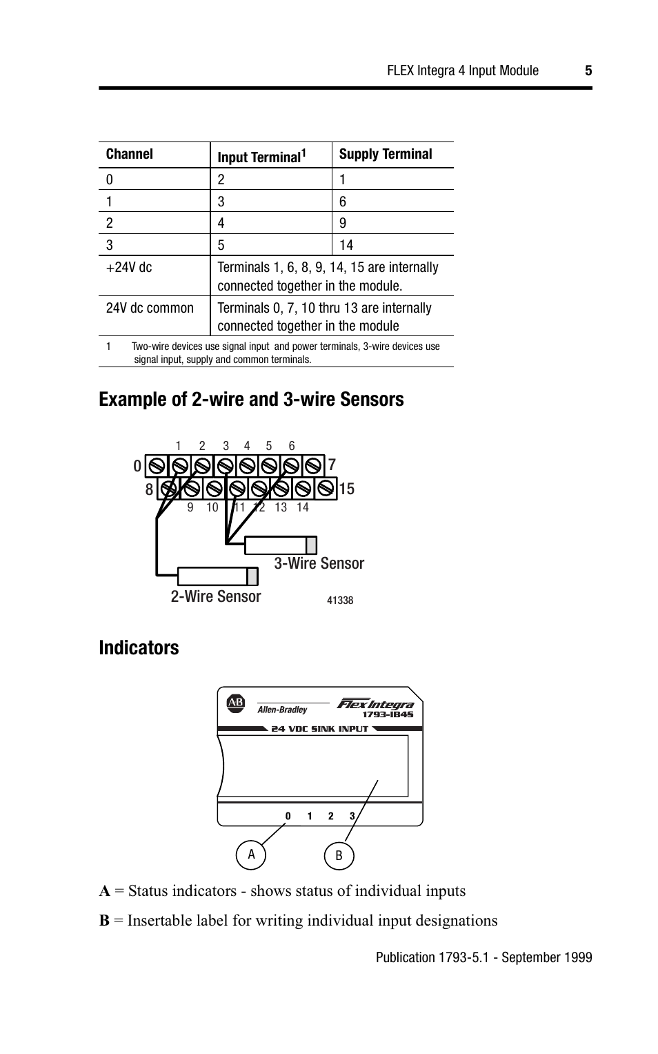 Example of 2-wire and 3-wire sensors indicators | Rockwell Automation 1793-IB4S FLEX INTEGRA 4 INPUT MODULE User Manual | Page 5 / 12