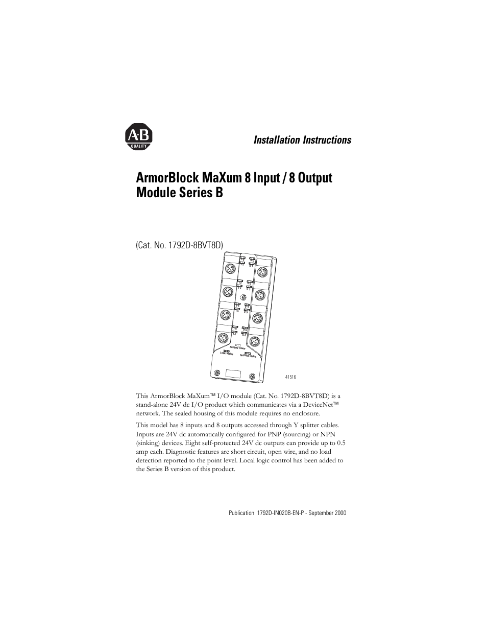 Rockwell Automation 1792D-8BVT8CD ArmorBlock MaXum 8 Input/8 Output Module with Complete Diagnostics User Manual | 16 pages