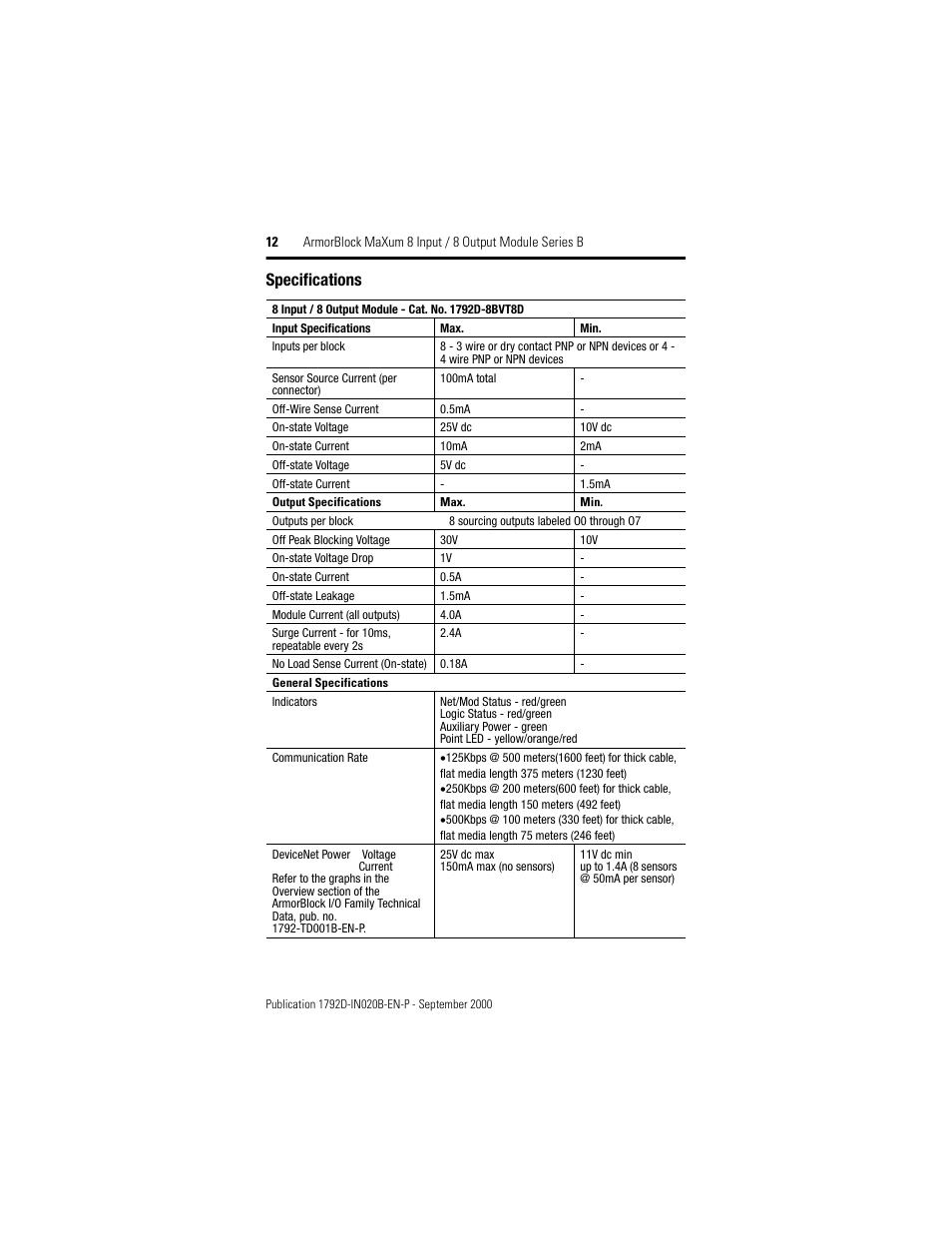 Specifications | Rockwell Automation 1792D-8BVT8CD ArmorBlock MaXum 8 Input/8 Output Module with Complete Diagnostics User Manual | Page 12 / 16