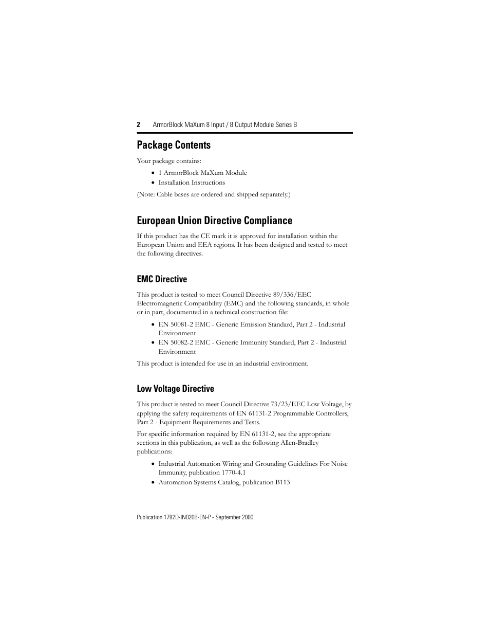 Package contents, European union directive compliance | Rockwell Automation 1792D-8BVT8CD ArmorBlock MaXum 8 Input/8 Output Module with Complete Diagnostics User Manual | Page 2 / 16