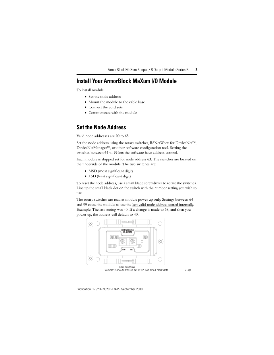 Install your armorblock maxum i/o module, Set the node address | Rockwell Automation 1792D-8BVT8CD ArmorBlock MaXum 8 Input/8 Output Module with Complete Diagnostics User Manual | Page 3 / 16