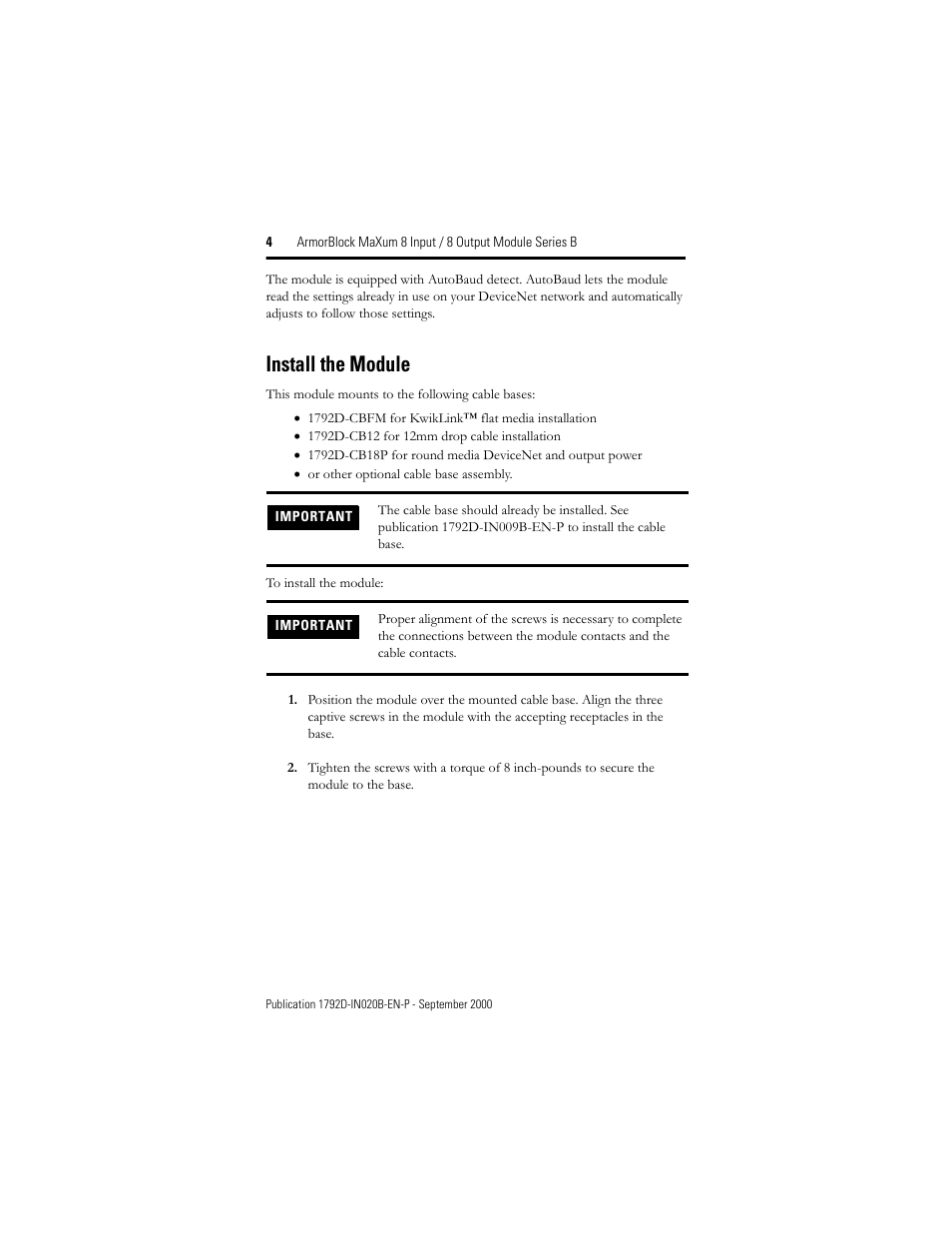 Install the module | Rockwell Automation 1792D-8BVT8CD ArmorBlock MaXum 8 Input/8 Output Module with Complete Diagnostics User Manual | Page 4 / 16