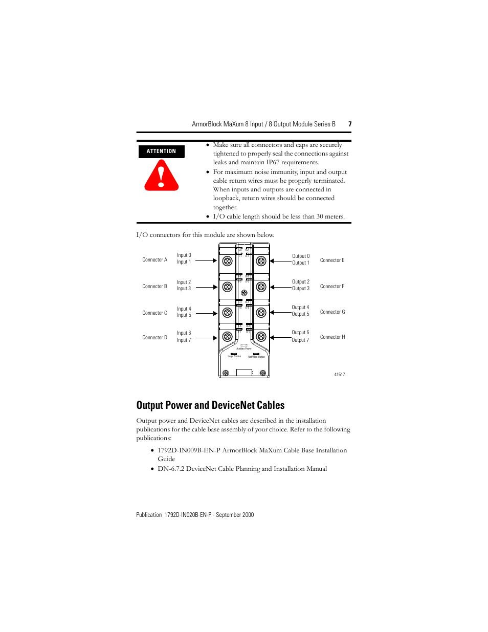 Output power and devicenet cables, I/o connectors for this module are shown below | Rockwell Automation 1792D-8BVT8CD ArmorBlock MaXum 8 Input/8 Output Module with Complete Diagnostics User Manual | Page 7 / 16