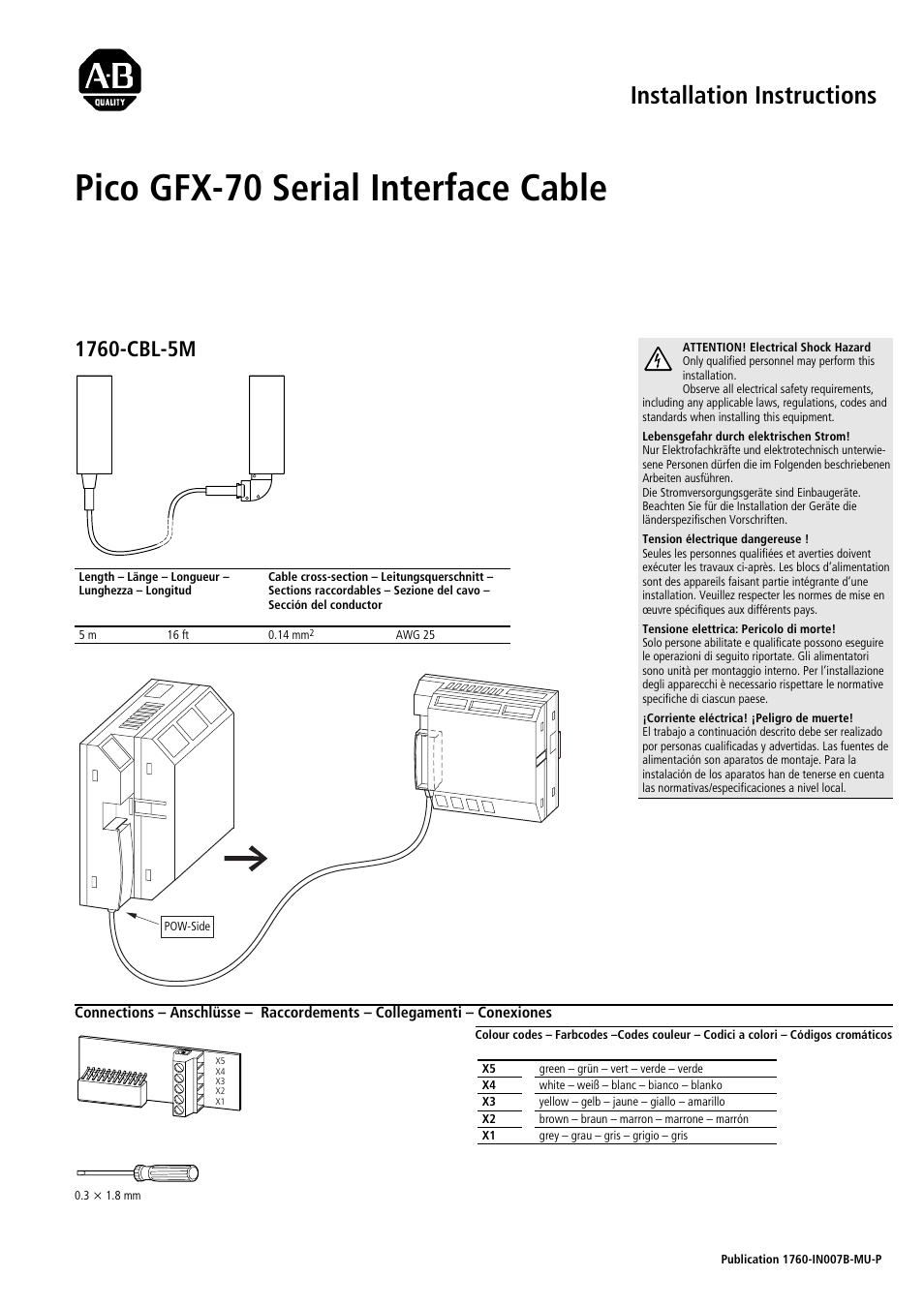 Rockwell Automation 1760-CBL-5M Pico GFX-70 Serial Interface Cable Instruction Sheet User Manual | 4 pages