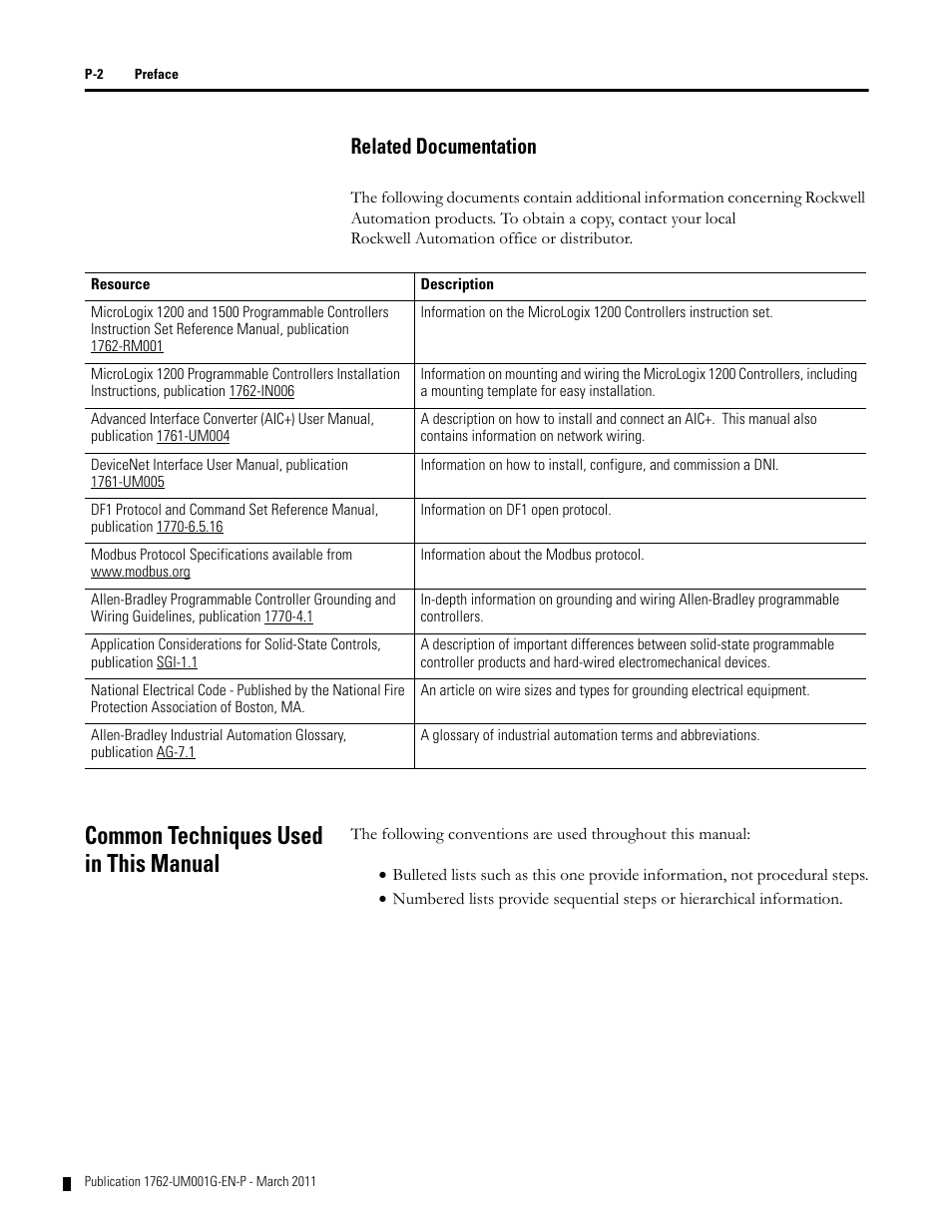Related documentation, Common techniques used in this manual | Rockwell Automation 1762-Lxxxx MicroLogix 1200 Programmable Controllers User Manual | Page 10 / 168