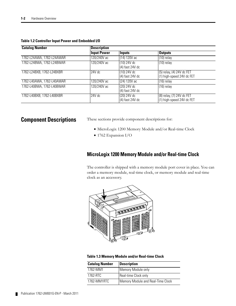 Component descriptions, Component descriptions -2 | Rockwell Automation 1762-Lxxxx MicroLogix 1200 Programmable Controllers User Manual | Page 12 / 168