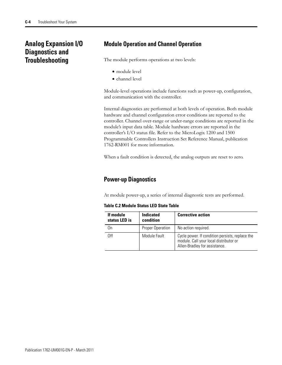 Module operation and channel operation, Power-up diagnostics | Rockwell Automation 1762-Lxxxx MicroLogix 1200 Programmable Controllers User Manual | Page 124 / 168