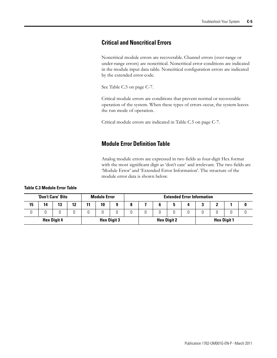 Critical and noncritical errors, Module error definition table | Rockwell Automation 1762-Lxxxx MicroLogix 1200 Programmable Controllers User Manual | Page 125 / 168