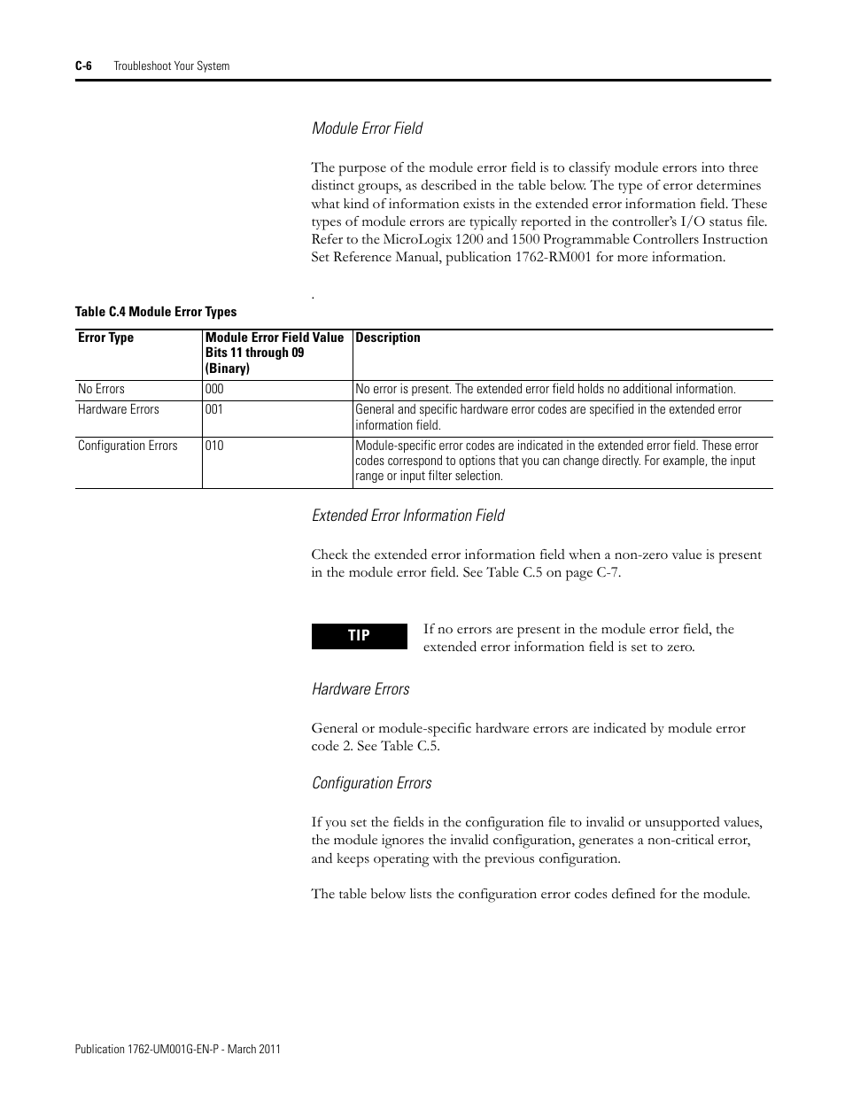 Module error field, Extended error information field, Hardware errors | Configuration errors | Rockwell Automation 1762-Lxxxx MicroLogix 1200 Programmable Controllers User Manual | Page 126 / 168