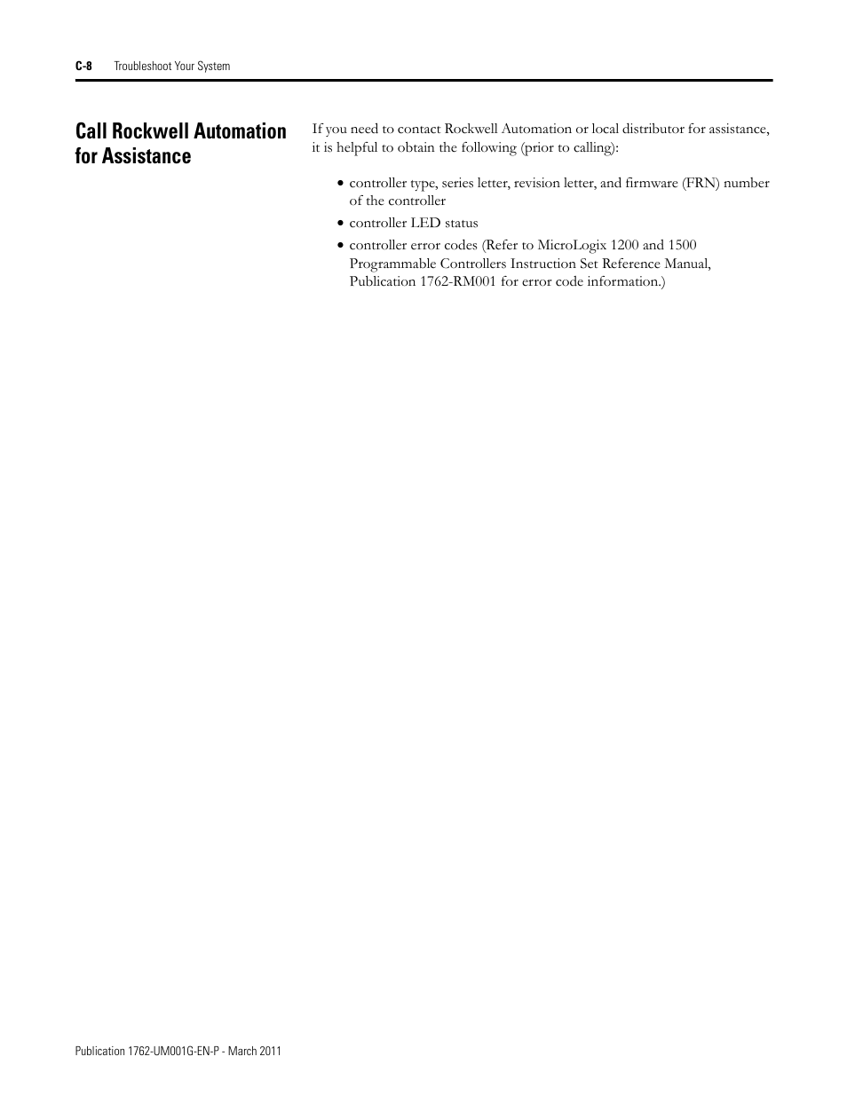 Call rockwell automation for assistance | Rockwell Automation 1762-Lxxxx MicroLogix 1200 Programmable Controllers User Manual | Page 128 / 168