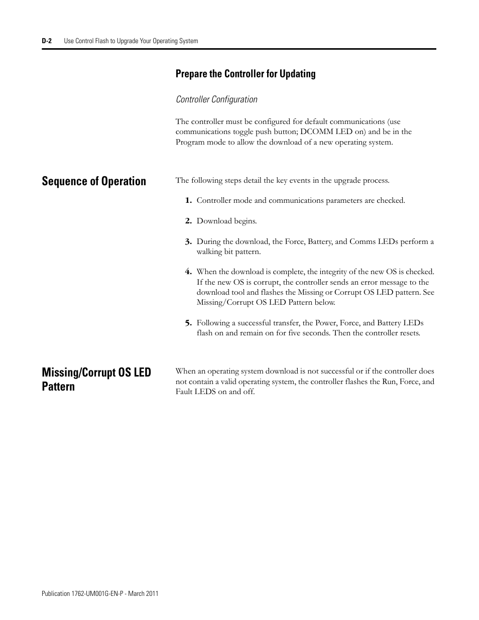 Prepare the controller for updating, Controller configuration, Sequence of operation | Missing/corrupt os led pattern | Rockwell Automation 1762-Lxxxx MicroLogix 1200 Programmable Controllers User Manual | Page 130 / 168