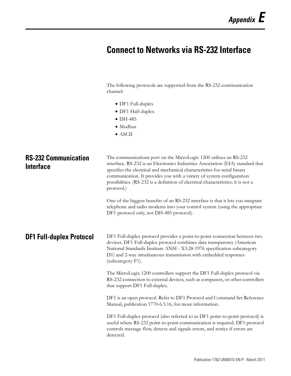 Appendix e, Connect to networks via rs-232 interface, Rs-232 communication interface | Df1 full-duplex protocol, Appendix | Rockwell Automation 1762-Lxxxx MicroLogix 1200 Programmable Controllers User Manual | Page 131 / 168