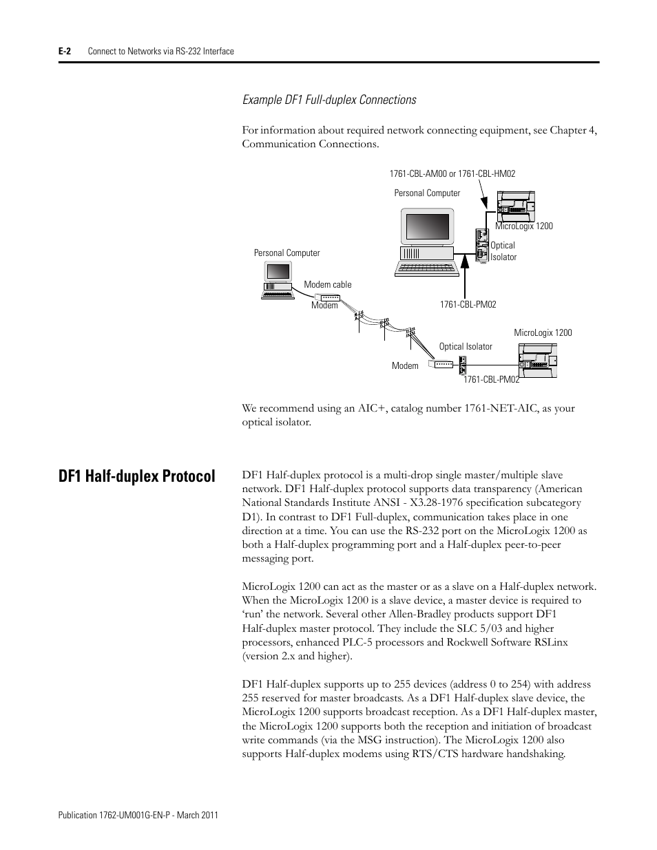 Example df1 full-duplex connections, Df1 half-duplex protocol | Rockwell Automation 1762-Lxxxx MicroLogix 1200 Programmable Controllers User Manual | Page 132 / 168