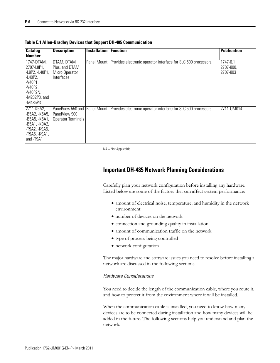 Important dh-485 network planning considerations, Hardware considerations | Rockwell Automation 1762-Lxxxx MicroLogix 1200 Programmable Controllers User Manual | Page 136 / 168
