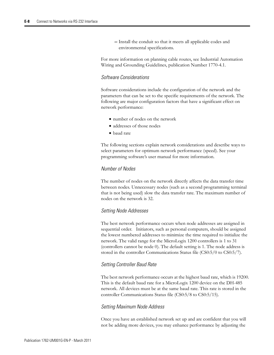Software considerations, Number of nodes, Setting node addresses | Setting controller baud rate, Setting maximum node address | Rockwell Automation 1762-Lxxxx MicroLogix 1200 Programmable Controllers User Manual | Page 138 / 168