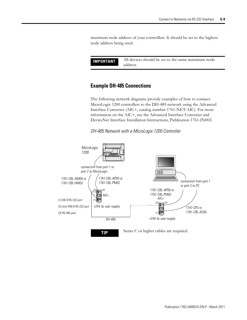 Example dh-485 connections, Dh-485 network with a micrologix 1200 controller | Rockwell Automation 1762-Lxxxx MicroLogix 1200 Programmable Controllers User Manual | Page 139 / 168