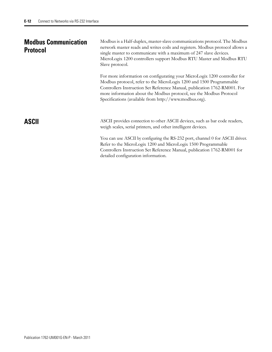 Modbus communication protocol, Ascii | Rockwell Automation 1762-Lxxxx MicroLogix 1200 Programmable Controllers User Manual | Page 142 / 168
