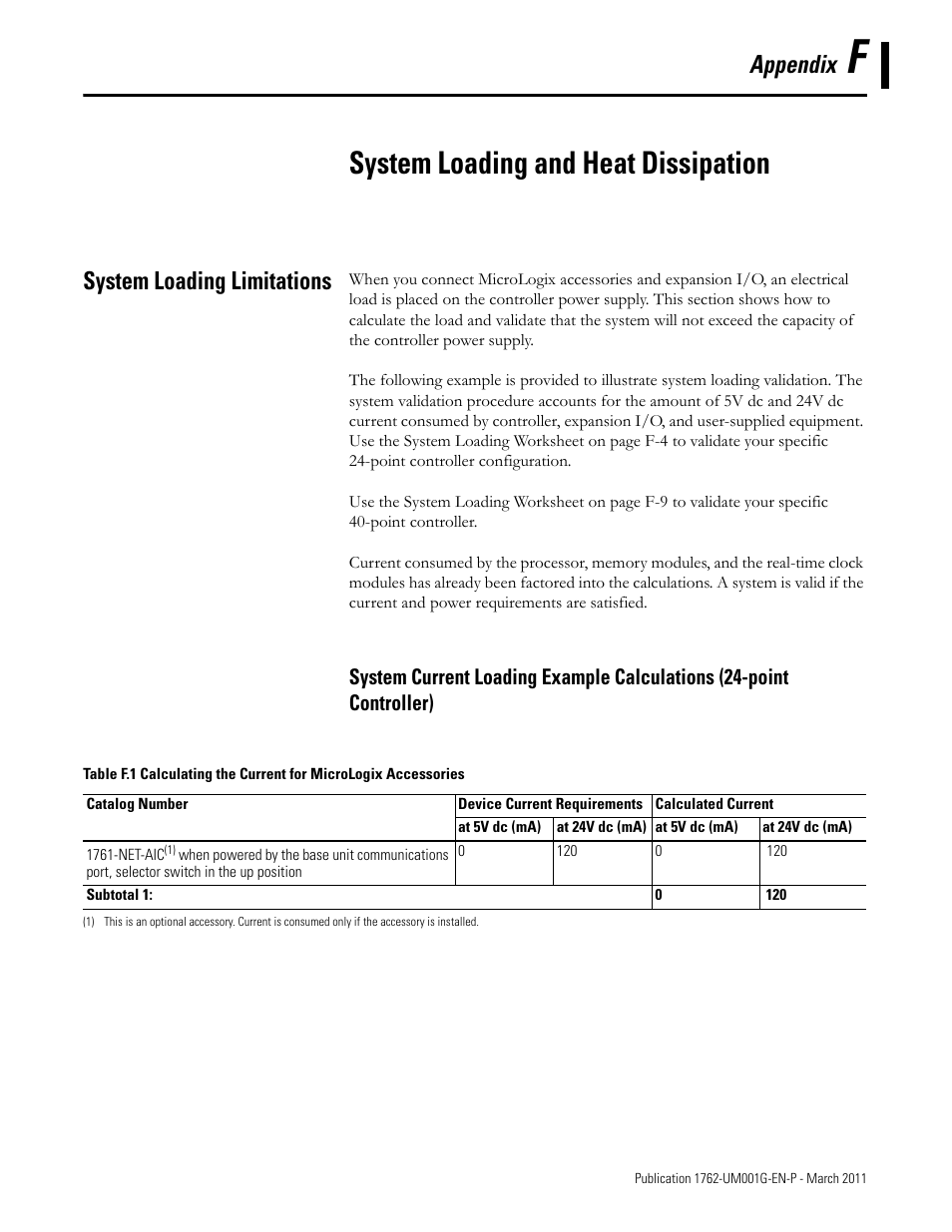 Appendix f, System loading and heat dissipation, System loading limitations | Appendix | Rockwell Automation 1762-Lxxxx MicroLogix 1200 Programmable Controllers User Manual | Page 143 / 168