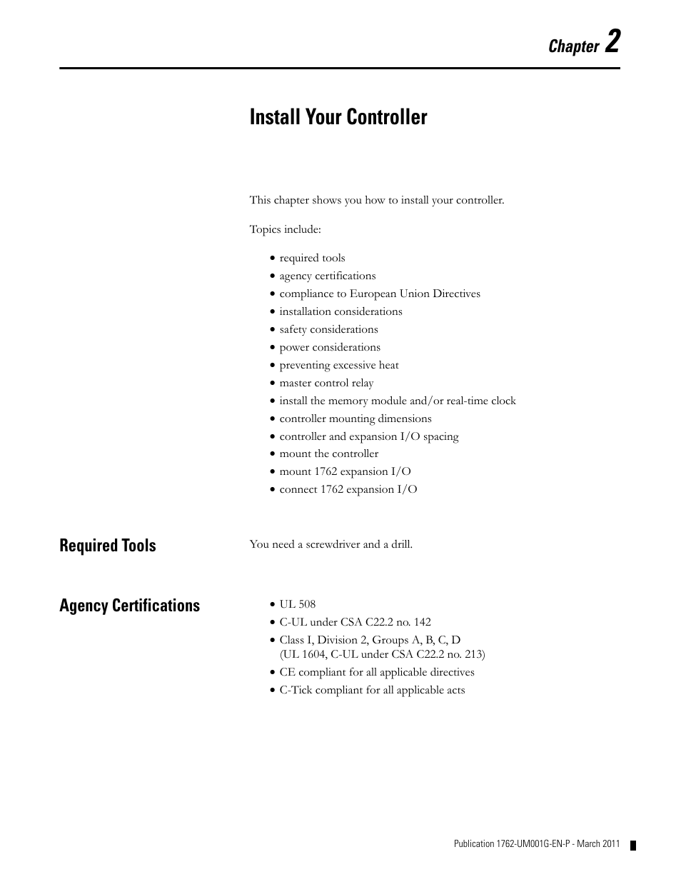 Chapter 2, Install your controller, Required tools | Agency certifications, Required tools -1 agency certifications -1, Chapter | Rockwell Automation 1762-Lxxxx MicroLogix 1200 Programmable Controllers User Manual | Page 15 / 168