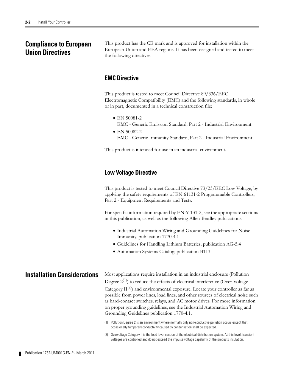 Compliance to european union directives, Emc directive, Low voltage directive | Installation considerations, Compliance to european union directives -2, Emc directive -2 low voltage directive -2, Installation considerations -2 | Rockwell Automation 1762-Lxxxx MicroLogix 1200 Programmable Controllers User Manual | Page 16 / 168