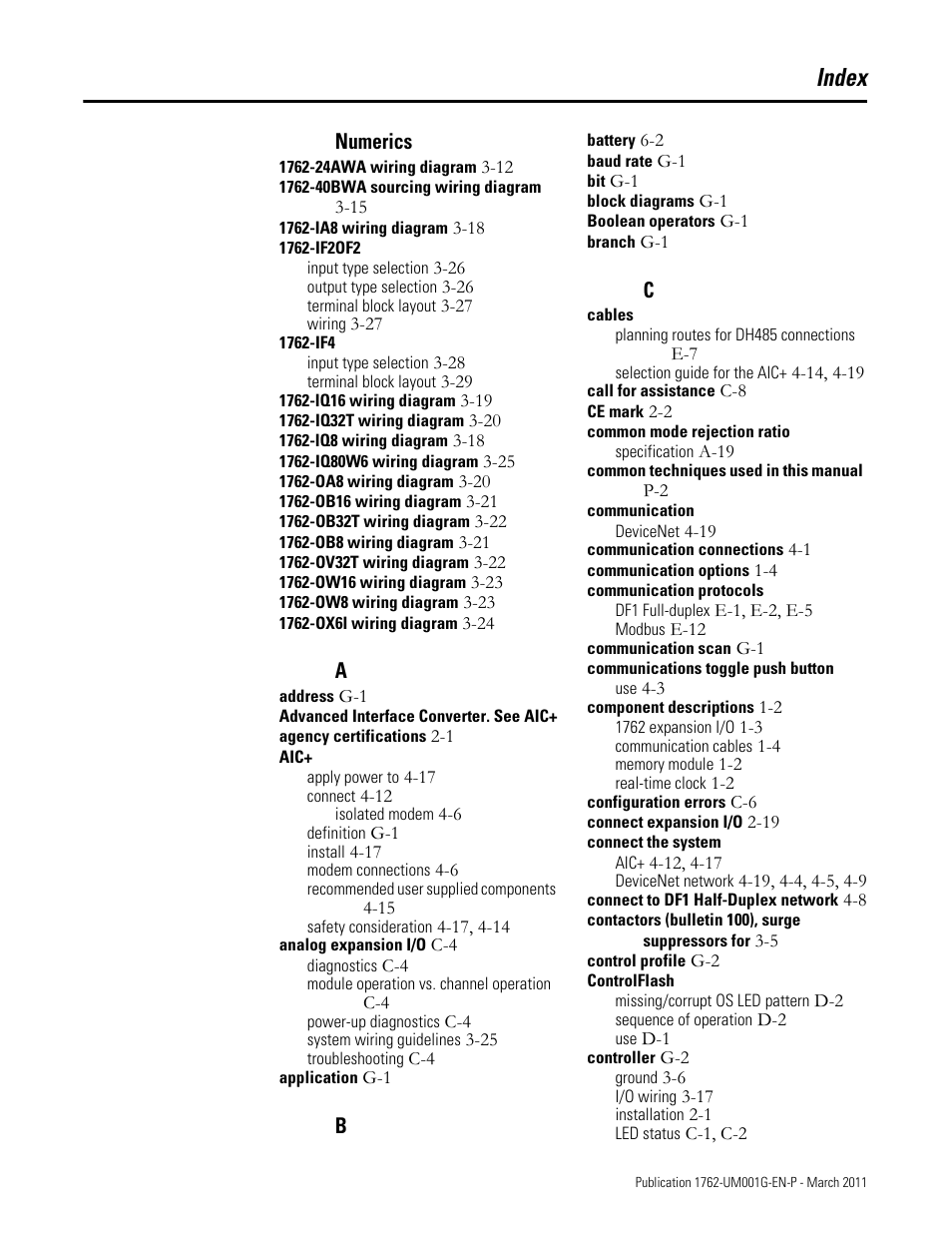 Index, Numerics | Rockwell Automation 1762-Lxxxx MicroLogix 1200 Programmable Controllers User Manual | Page 163 / 168