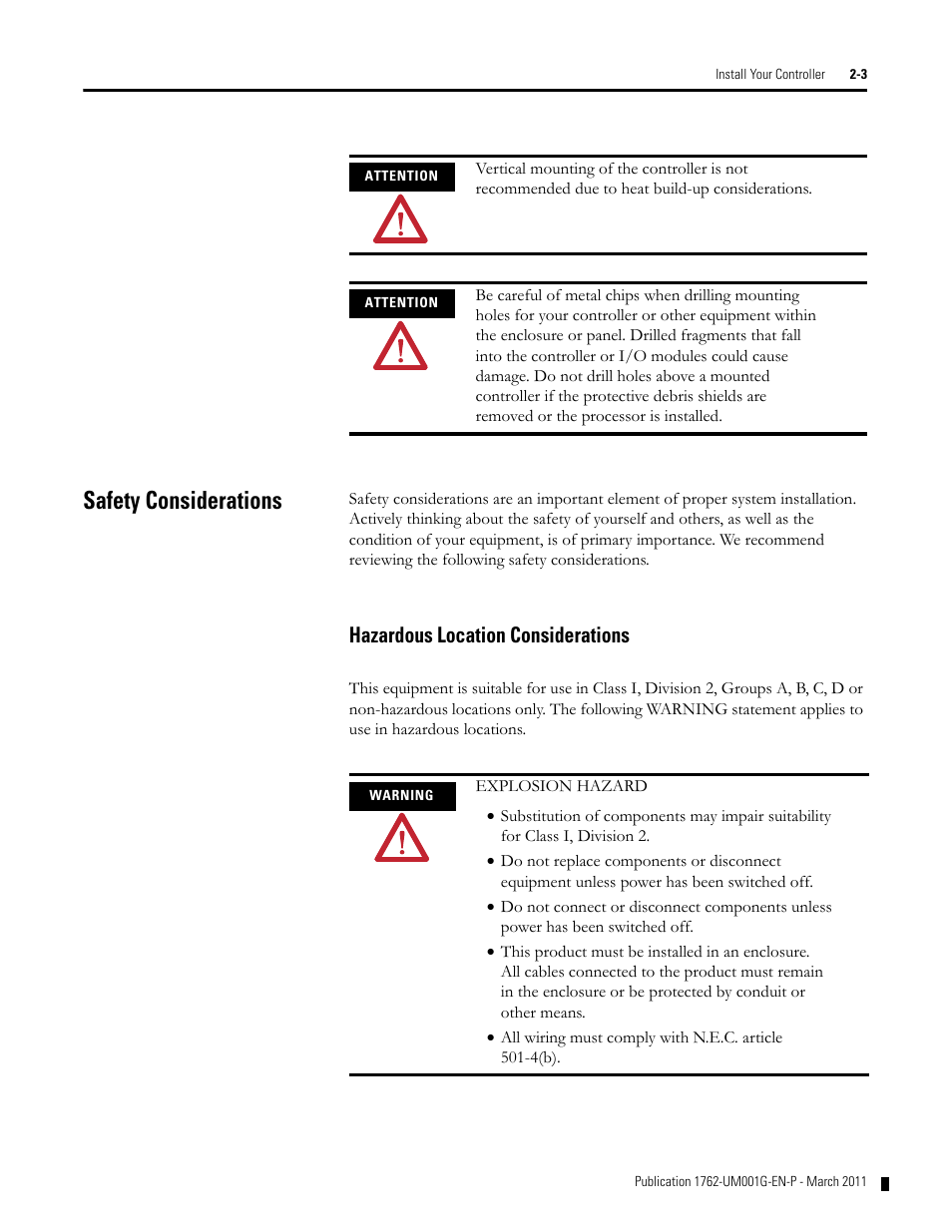 Safety considerations, Hazardous location considerations, Safety considerations -3 | Hazardous location considerations -3 | Rockwell Automation 1762-Lxxxx MicroLogix 1200 Programmable Controllers User Manual | Page 17 / 168