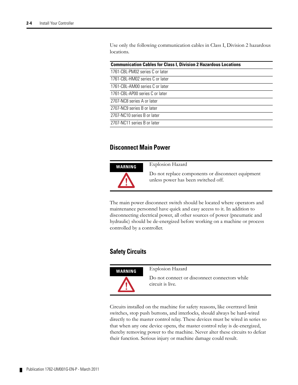 Disconnect main power, Safety circuits, Disconnect main power -4 safety circuits -4 | Rockwell Automation 1762-Lxxxx MicroLogix 1200 Programmable Controllers User Manual | Page 18 / 168