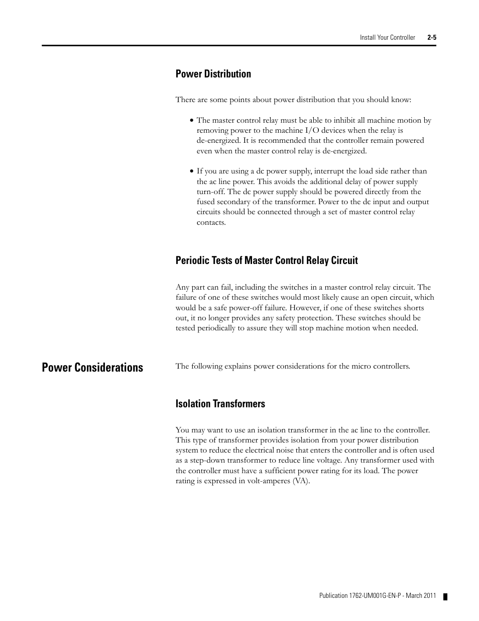 Power distribution, Periodic tests of master control relay circuit, Power considerations | Isolation transformers, Power considerations -5, Isolation transformers -5 | Rockwell Automation 1762-Lxxxx MicroLogix 1200 Programmable Controllers User Manual | Page 19 / 168