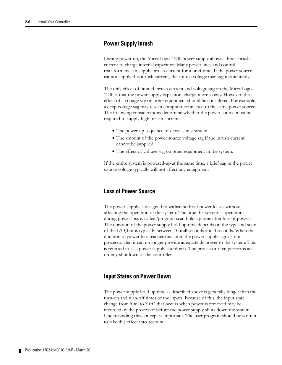 Power supply inrush, Loss of power source, Input states on power down | Rockwell Automation 1762-Lxxxx MicroLogix 1200 Programmable Controllers User Manual | Page 20 / 168