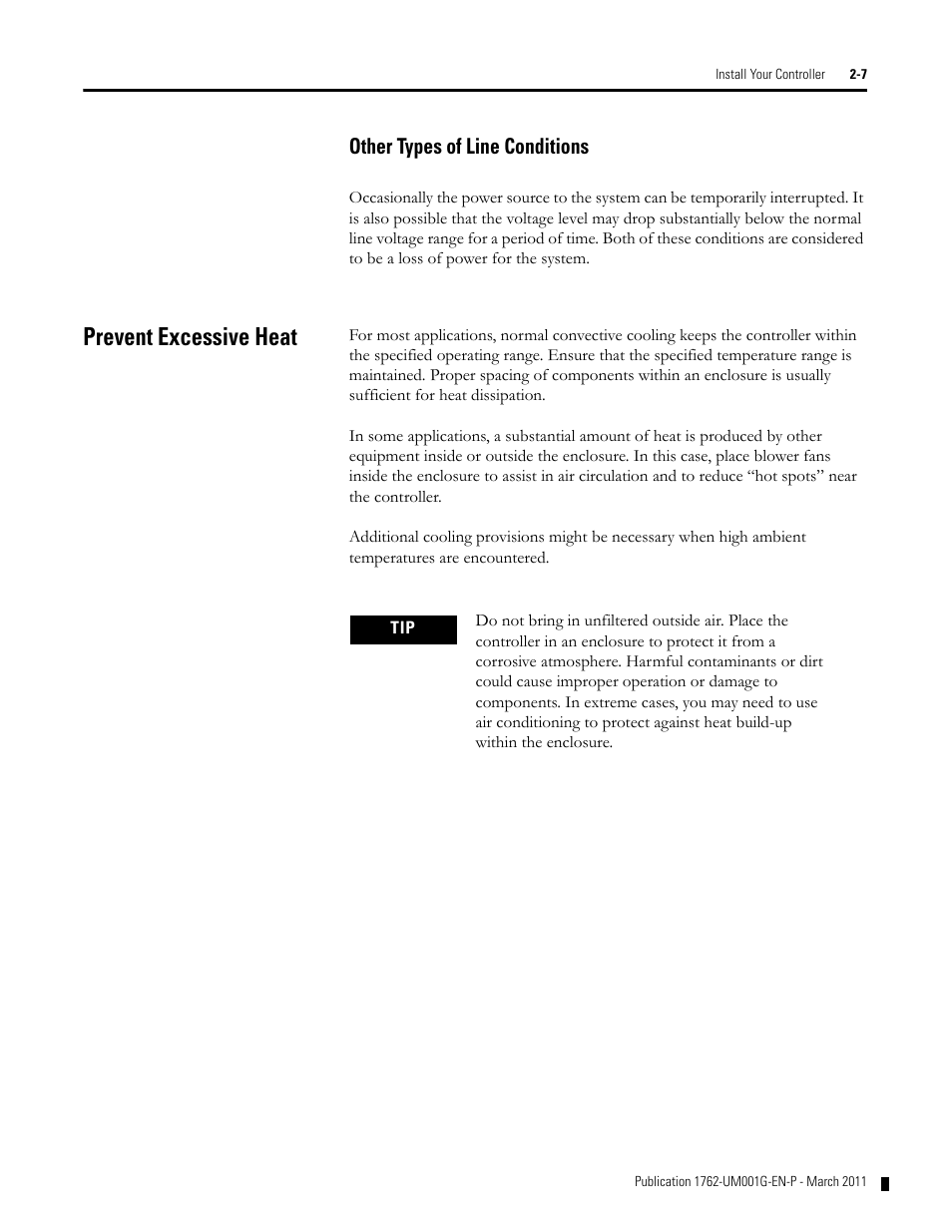 Other types of line conditions, Prevent excessive heat, Other types of line conditions -7 | Prevent excessive heat -7 | Rockwell Automation 1762-Lxxxx MicroLogix 1200 Programmable Controllers User Manual | Page 21 / 168